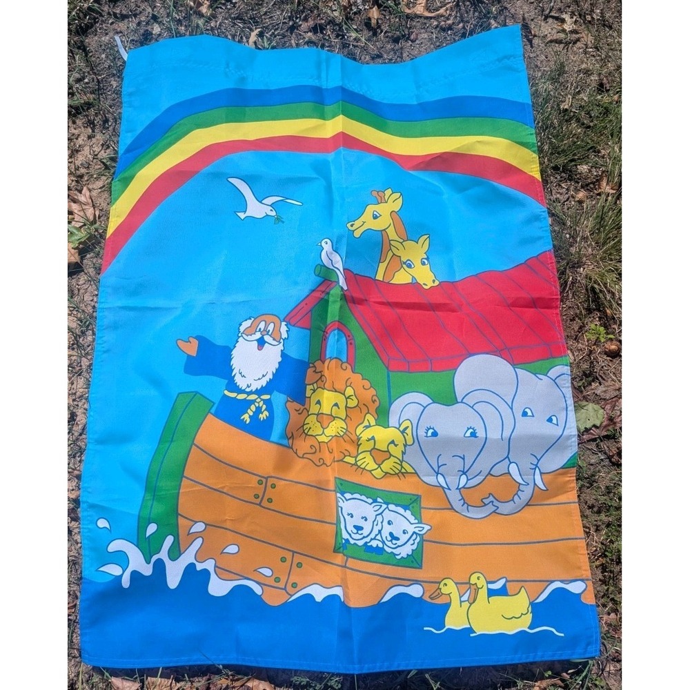 Vintage 1996 Nylon Yard Flag 28"x40" Noah's Ark Bible School VBS Church Relgious
